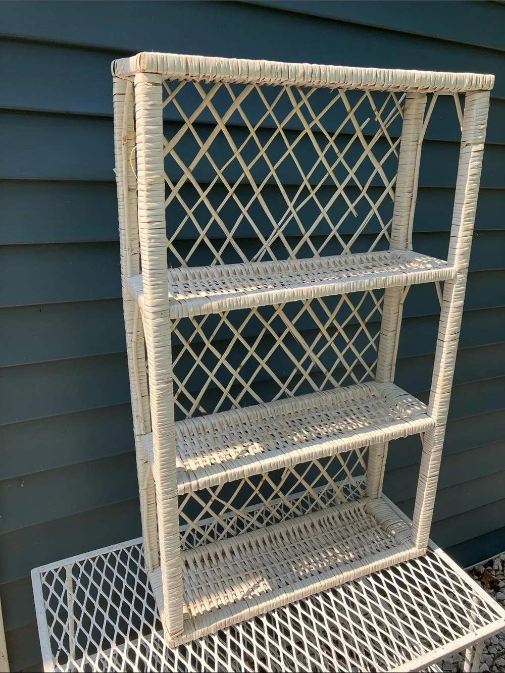 Large Vintage Shabby Chic White Wicker Three-Tier Wall Shelf or Tabletop
